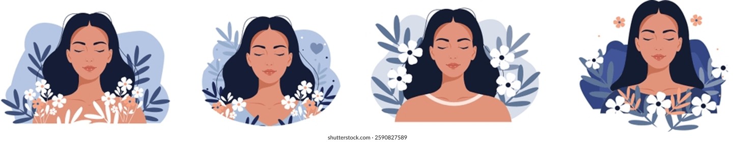 A serene woman with closed eyes, surrounded by blooming flowers and foliage, symbolizing peace, mindfulness, relaxation, and self-care. A perfect illustration for wellness, meditation, beauty, 