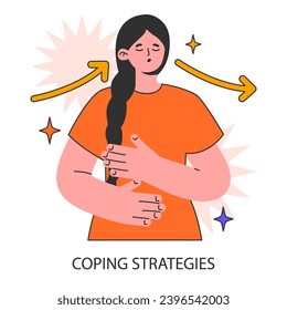 Serene woman embraces herself managing stress and anxiety using coping strategies. Emotional resilience. Meditation, breathing exercises for mental well-being. Flat vector illustration.