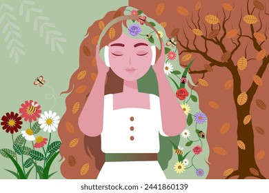 Serene Woman With Floral Crown Enjoying Nature in a Colorful Autumn and Spring Setting, while enjoying music