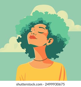 Serene Woman with Green Hair and Clouds. Vector illustration design.