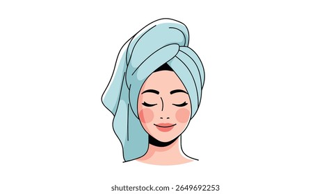 Uma mulher serena com os olhos fechados e um sorriso contente envolto em uma toalha azul clara em sua cabeça parecendo revigorada