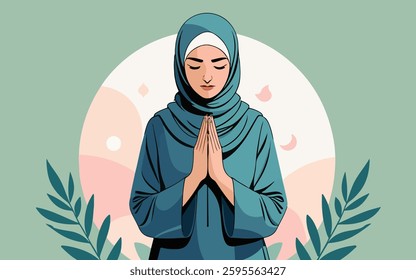 Serene woman in hijab meditating with prayer hands, set against pastel background with decorative leaves.  
