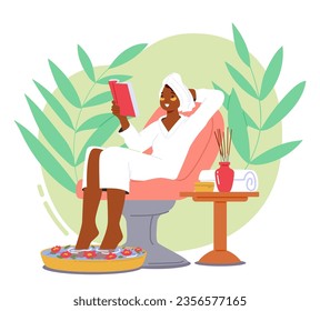 Serene Woman Indulges In A Foot Bath, Immersed In A Book At Tranquil Spa Salon. Embracing Self-care, Character Finds Solace In Soothing, Ambiance And Tranquility. Cartoon People Vector Illustration