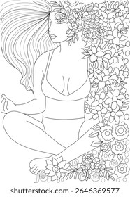 Serene Woman Meditating Amidst Lush Botanical Design. Intricate Line Art Illustration for Mindfulness, Relaxation, Yoga, and Spiritual Well-being. Perfect for Coloring Books and Tranquil Concepts.