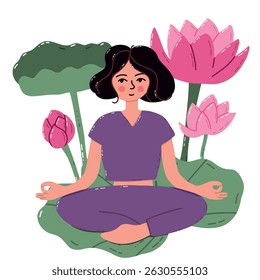Serene Woman Meditating Among Lotus Flowers and Green Foliage. Illustration of a peaceful woman meditating in a lotus pose surrounded by vibrant pink lotus flowers and lush green leaves, evoking 