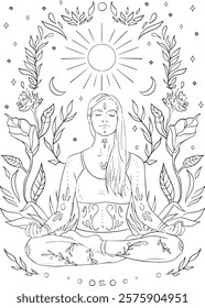 serene woman meditating in a cross-legged position, surrounded by flowing leaves, flowers, celestial elements. Sun and crescent moon. 