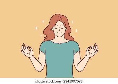 Serene woman meditating making mudra gesture and practicing yoga to bring thoughts in order. Serene girl stands depicting meditative mudra with hands to purify thoughts and emotions.