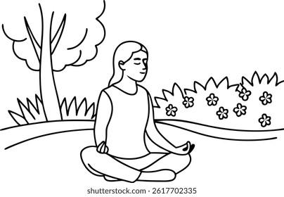 Serene Woman Meditating In Nature Peaceful Mindful Doodle Illustration