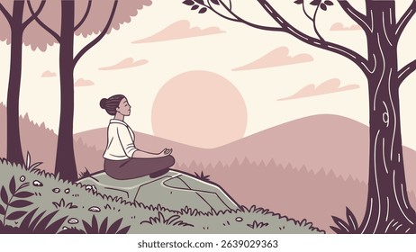 Serene Woman Meditating Outdoors at Sunrise in Peaceful Natural Setting