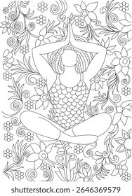Serene Woman in Meditation Pose Amidst Intricate Floral and Swirling Patterns - Detailed Line Art for Adult Coloring Book, Mindfulness, Relaxation, and Spiritual Wellness
