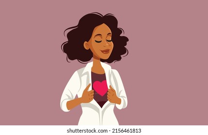 
Serene Woman with Open Heart Vector Conceptual Illustration. Compassionate volunteer showing altruism and generous care
