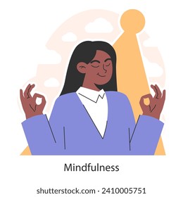 Serene woman practicing mindfulness. Female character inner peace. Meditation, breathing exercises for mental well-being and authentic self-realization. Flat vector illustration.