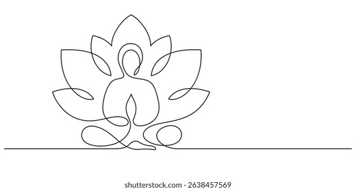 serene woman yoga meditation healthy and wellness  one line drawing continuous contour hand drawn with lotus flower blooming decorative