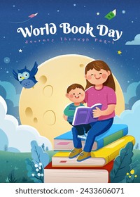 Serene World Book Day poster with mom and son reading books on beautiful full moon outdoor background.