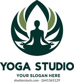 A serene yoga studio logo featuring a person in a lotus position within a stylized leaf design.  Perfect for wellness businesses, promoting peace, and mindfulness.