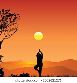 Gelassener Yoga bei Sonnenuntergang Illustration. Eine Frau meditiert in einer ruhigen Yoga-Pose gegen eine atemberaubende Landschaft eines Sonnenuntergangs Himmel. Konzentration auf Entspannung, Wellness und natürliche Schönheit.