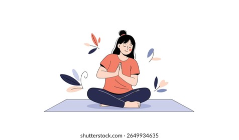 Serene young woman practicing mindful meditation and deep breathing exercises for inner peace