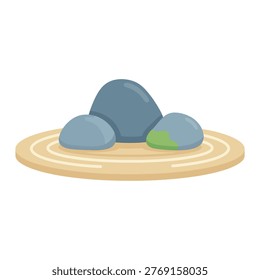 A serene Zen rock garden featuring three stones on raked sand patterns, minimalist flat design for meditation and peace.