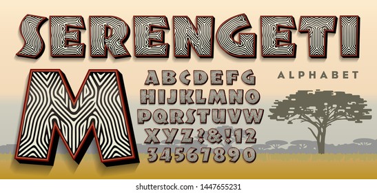 Serengeti font. A zebra striped alphabet design