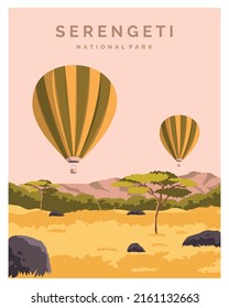 Der Serengeti Nationalpark. Natur von Tansania mit Heißluftballon Safari. Vektorgrafik-Hintergrund für Poster, Postkarte, Kunstdruck.