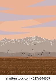Serenity autumn landscape. Simple nature scene with red sky, mountains, grassland and flying birds. Bird flock silhouette at dawn or sunset. Vector minimalistic illustration.