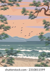 Serenity evening landscape. Simple nature scene with mountains, beach, sea waves, pine branches and flying birds. Vector minimalistic illustration.