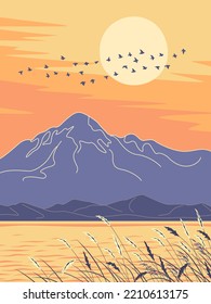 Serenity evening oriental landscape. Simple nature scene with mountains, wild cereals and birds flying against the sun. Bird flock silhouette on sunset. Vector minimalistic illustration.