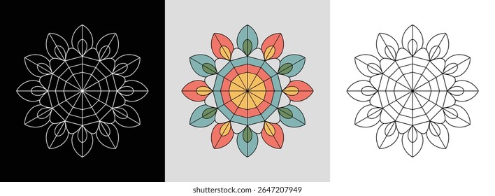Mandala de meditação de hexágono de serenidade com anéis pétalas e tons brilhantes para decoração serena.