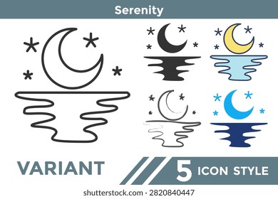 Serenity icon representing calmness, inner peace, mindfulness, emotional balance, relaxation, and wellness. Line, Filled, Color, Hand drawn style.