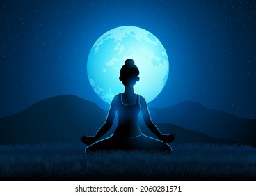 Serenidad en la naturaleza, hermosa mujer haciendo yoga en un fondo luna llena, ilustración vectorial en formato EPS 10