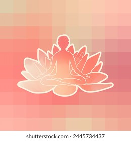 Serenity and peace diving into yoga practice. A woman in lotus pose, framed by pastel abstract tones and pixelated backdrop, invites balance and tranquility. Vector for clean designs and prints.