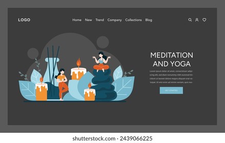 Serenity in Practice concept. Peaceful yoga poses and tranquil meditation settings ignite inner calm. Flames of candles symbolize enlightenment and harmony. Vector illustration