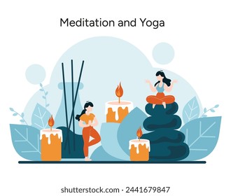 Serenity in Practice concept. Peaceful yoga poses and tranquil meditation settings ignite inner calm. Flames of candles symbolize enlightenment and harmony. Vector illustration
