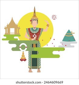 Serenidad en la simplicidad: Vector de dibujos animados del monje y templo tailandés
