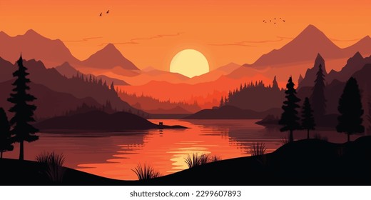 Serenity Valley  A Vibrant Sunset Landscape with Majestic Silhouettes of Nature s Best