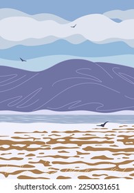 Serenity winter landscape. Simple nature scene with mountains, river, clouds, snow covered field and flying birds. Vector minimalistic illustration.
