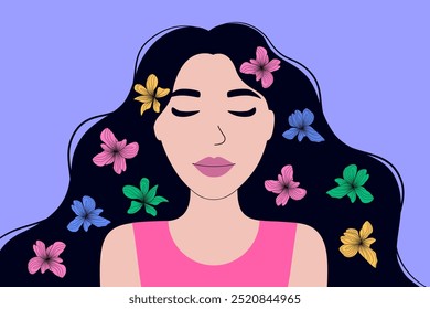 Serenity Mujer con flores en el pelo. Mujer joven con el pelo oscuro largo, adornado con las flores coloridas, que simbolizan la calma y la belleza, cuidado personal