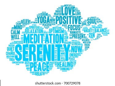 Serenity word cloud on a white background. 