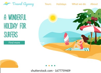 Serf board stands in the  sand and palm trees with girl near the ocean