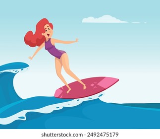 serfing. sport beautiful woman in red swimsuit riding on serfing board