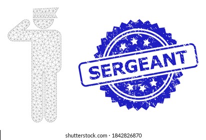 Sergeant grunge stamp seal and vector police officer mesh structure. Blue stamp seal includes Sergeant tag inside rosette. Abstract 2d mesh police officer, designed with triangles.