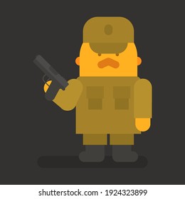 Sergeant with red mustache holding black pistol. Vector character. Vector illustration