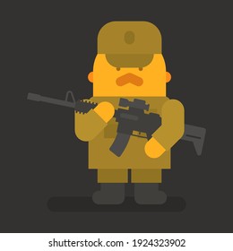 Sergeant with red mustache holding black machine gun. Vector character. Vector illustration