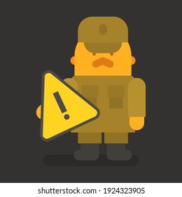 Sergeant with red mustache holding exclamation mark. Vector character. Vector illustration