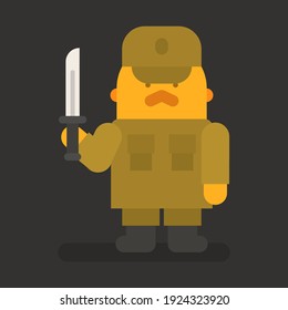 Sergeant mit rotem Schnurrbart, der ein Messer hält. Vektorzeichen. Vektorgrafik