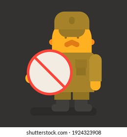 Sargento con bigote rojo sosteniendo el cartel de prohibición. Carácter vector. Ilustración del vector