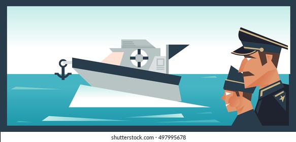 Sergeant ship and sailor, boat, yacht in the sea. Vector illustration