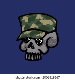 Sergeant skull vector illustration. Army, military and soldier head drawing isolated on blue background