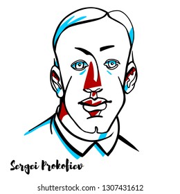 Sergei Prokofiev engraved vector portrait with ink contours. Russian Soviet composer, pianist and conductor.