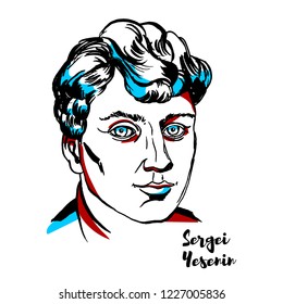 Sergei Yesenin engraved vector portrait with ink contours. Russian lyric poet. He is one of the most popular and well-known Russian poets of the 20th century.